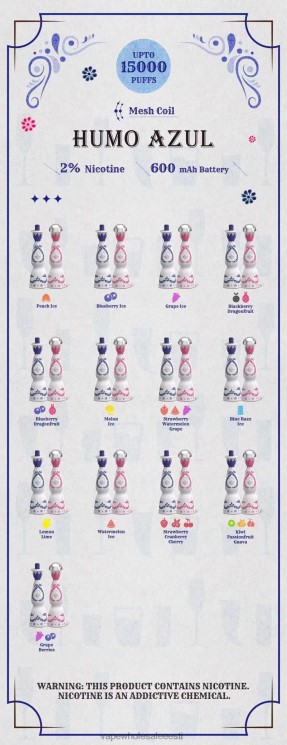 Nikotiinivaba Vape - Humo Azul 15000 pahvi 2% ühekordselt kasutatavad L446894