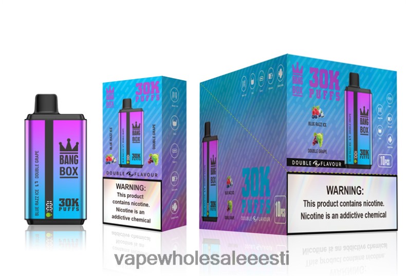 Nikotiinivaba Vape - Bang Box 30 000 pahvi kahekordse maitsega sinine razz jää & topeltviinamarja V20DF72