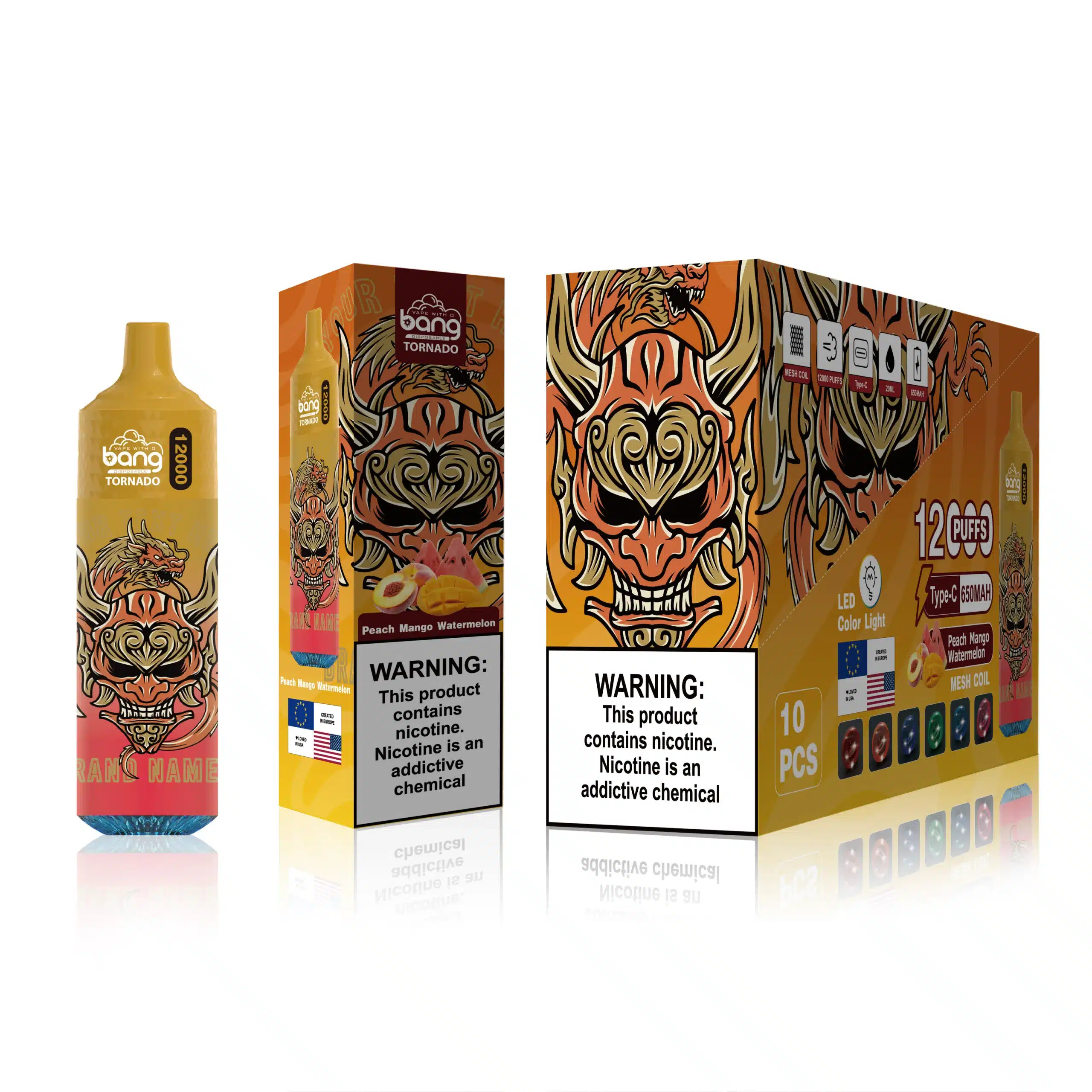 Nikotiinivaba Vape - virsiku mango arbuus 6F8Z124 Bang Box 12000 pahvi
