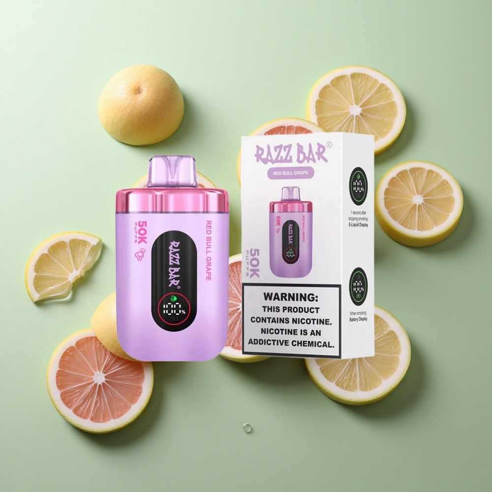 Razz Bar 50K Puffs Ühekordselt kasutatav vape Punane Pulli Viinamari ja Mesh Mähis